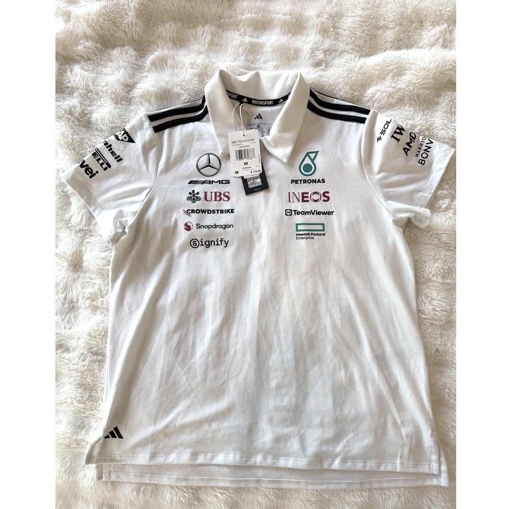 Adidas Mercedes AMG Petronas F1 Team Polo Shirt White Mens Medium JV5741 NEW